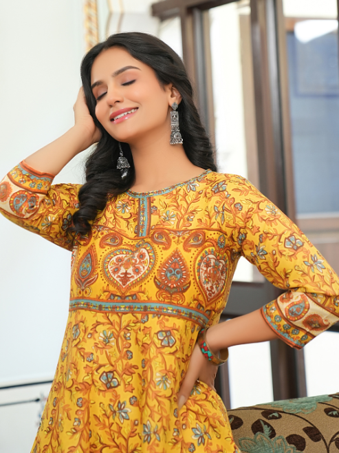 Rayon Floral Printed Anarkali Kurta (MUSTARD)