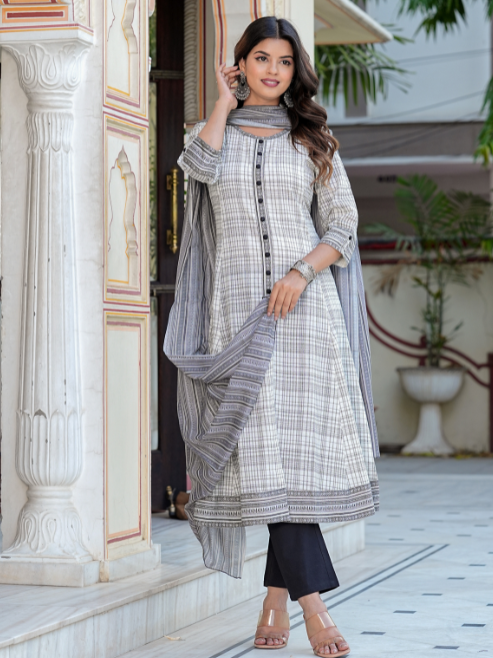 Fashion Plus Store Women's Cotton Slub Geomatrical Printed Anarkali Kurta & Duptta