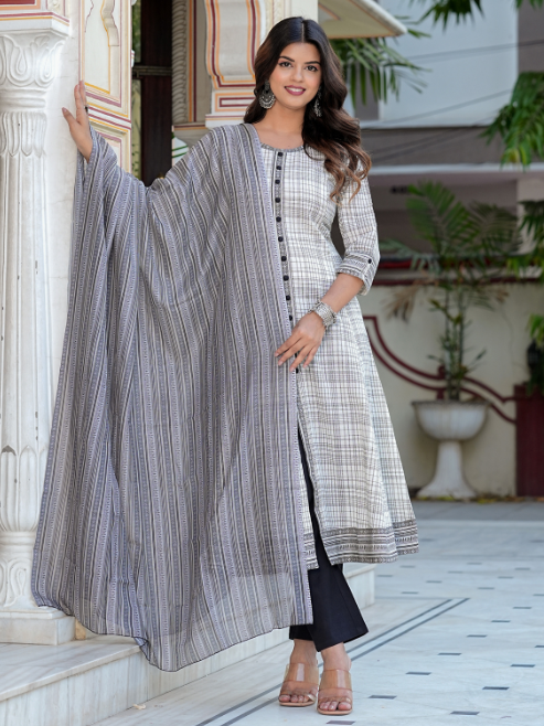 Fashion Plus Store Women's Cotton Slub Geomatrical Printed Anarkali Kurta & Duptta