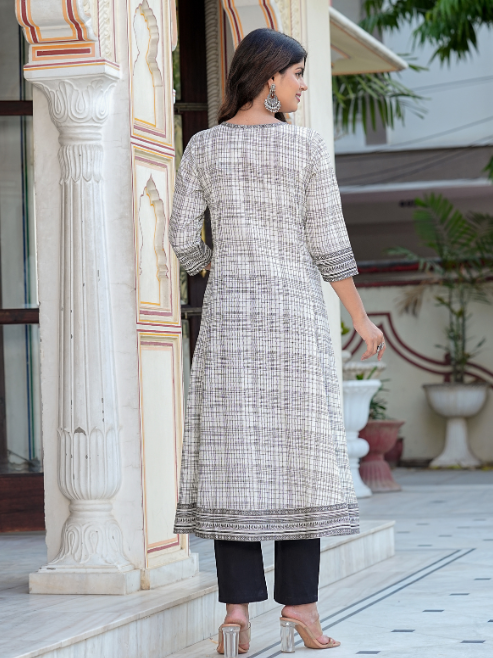 Fashion Plus Store Women's Cotton Slub Geomatrical Printed Anarkali Kurta & Duptta