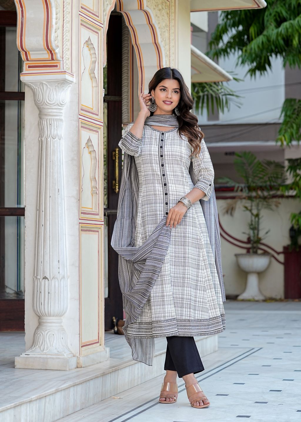 Fashion Plus Store Women's Cotton Slub Geomatrical Printed Anarkali Kurta & Duptta