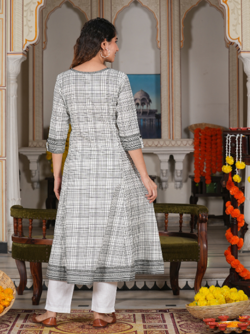 Cotton Slub Geomatrical Printed Anarkali Kurta