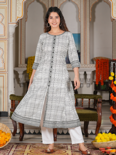 Cotton Slub Geomatrical Printed Anarkali Kurta