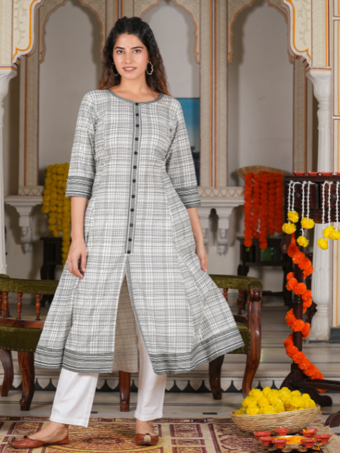 Fashion Plus Store Women's Cotton Slub Geomatrical Printed Anarkali Kurta & Duptta