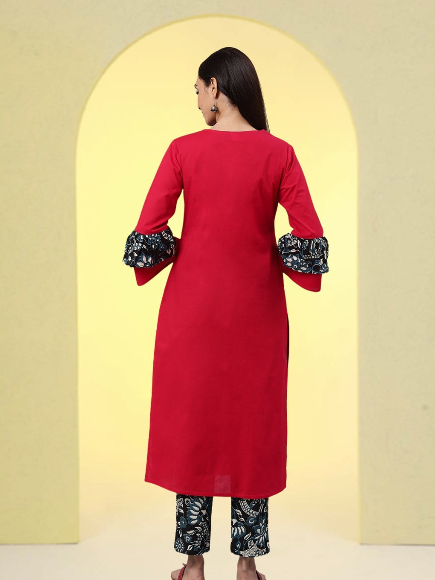 Cotton Jacket Style Straight Kurta & Pant Set (Pink & Black)