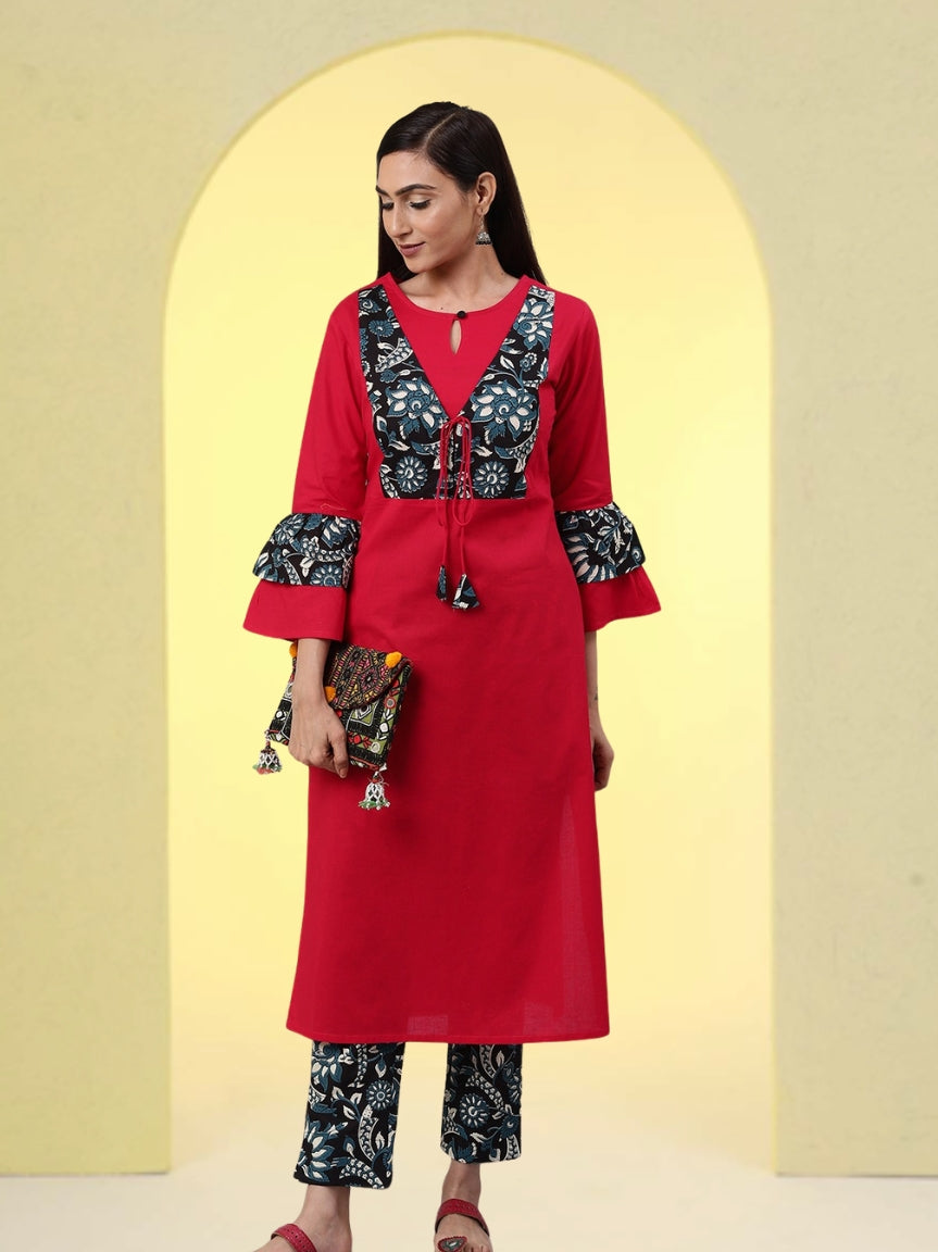 Cotton Jacket Style Straight Kurta & Pant Set (Pink & Black)