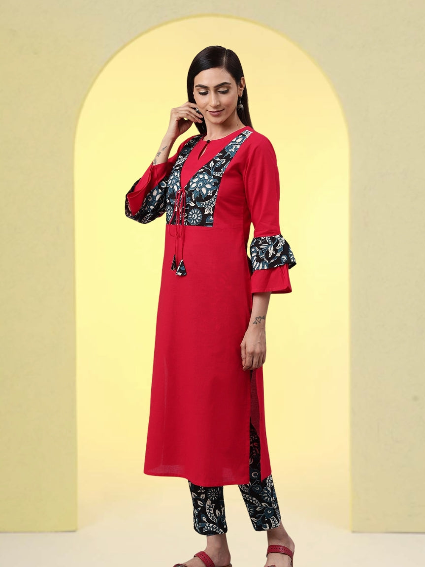 Cotton Jacket Style Straight Kurta & Pant Set (Pink & Black)