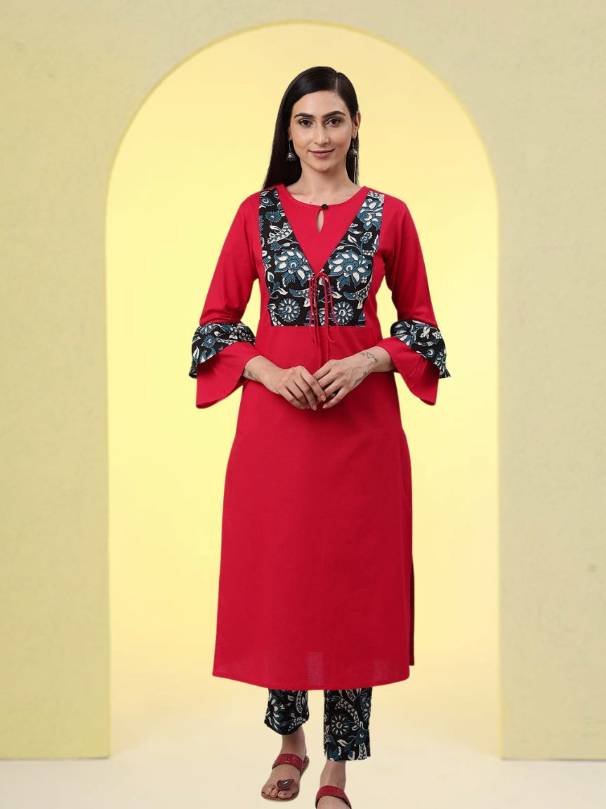 Cotton Jacket Style Straight Kurta & Pant Set (Pink & Black)