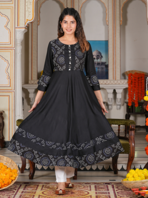 Cotton Slub Bandhej Print Anarkali Kurta