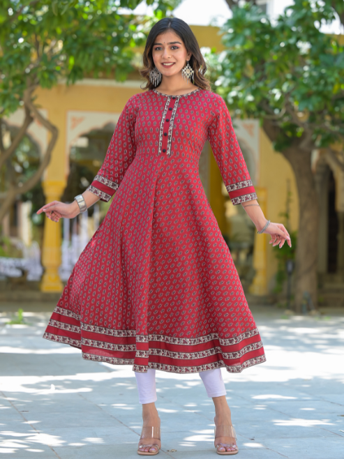 Cotton Floral Print Anarkali Kurta (MAROON)