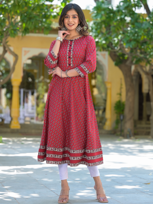 Cotton Floral Print Anarkali Kurta (MAROON)