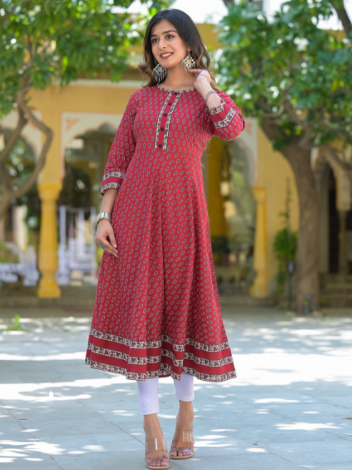 Cotton Floral Print Anarkali Kurta (MAROON)