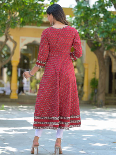 Cotton Floral Print Anarkali Kurta (MAROON)