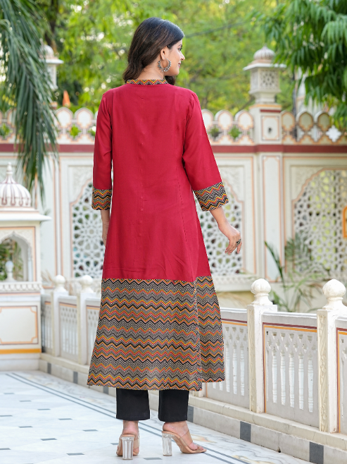 Rayon & Cotton Cambric Zigzag Printed A-line Kurta & Dupatta