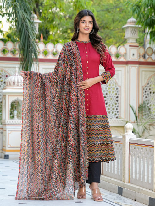 Rayon & Cotton Cambric Zigzag Printed A-line Kurta & Dupatta