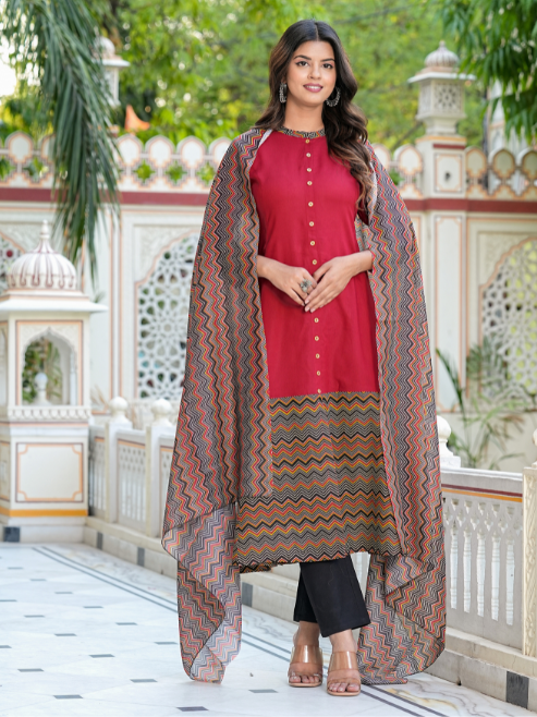 Rayon & Cotton Cambric Zigzag Printed A-line Kurta & Dupatta