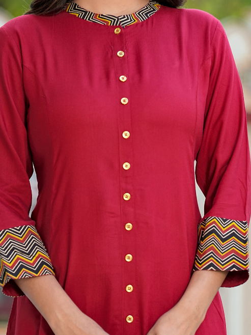 Rayon & Cotton Cambric Zigzag Printed A-line Kurta & Dupatta