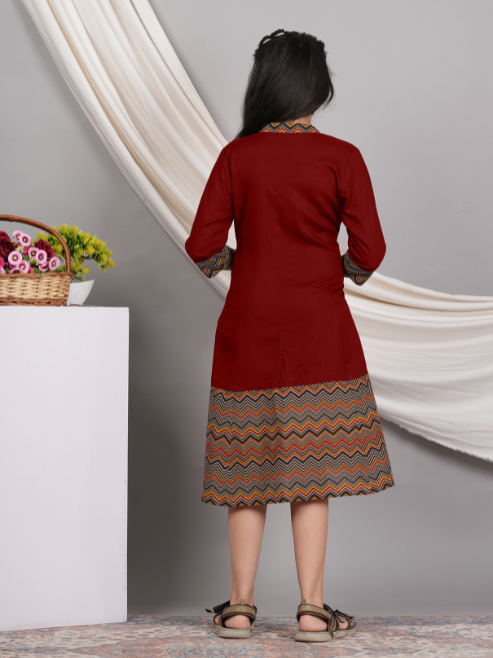 Fashion Plus Store Kids Rayon Zig-Zag Printed 3/4th Sleeve Mandarin Collar A-line Kurta