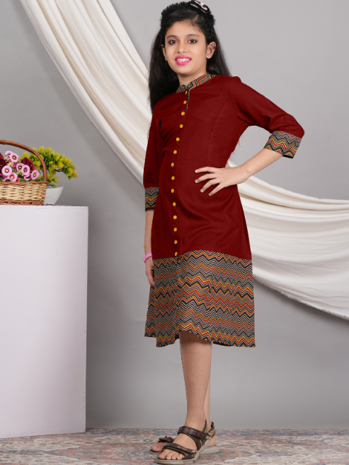 Fashion Plus Store Kids Rayon Zig-Zag Printed 3/4th Sleeve Mandarin Collar A-line Kurta