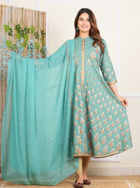 Fashion Plus Store Women's Rayon Floral Printed Anarkali Kurta Mandarin Collar With Gota Detailling & Duptta