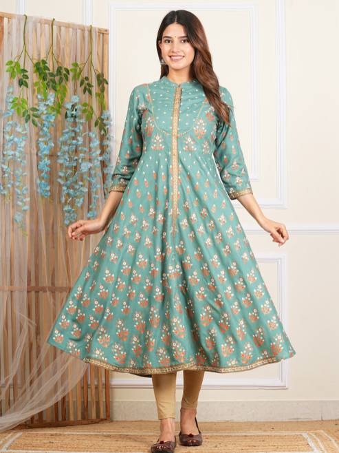 Fashion Plus Store Women's Rayon Floral Printed Anarkali Kurta Mandarin Collar With Gota Detailling & Duptta