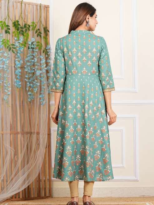 Fashion Plus Store Women's Rayon Floral Printed Anarkali Kurta Mandarin Collar With Gota Detailling & Duptta