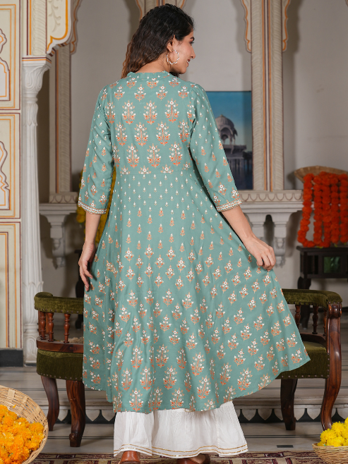 Rayon Floral Printed Anarkali Kurta (GREEN)