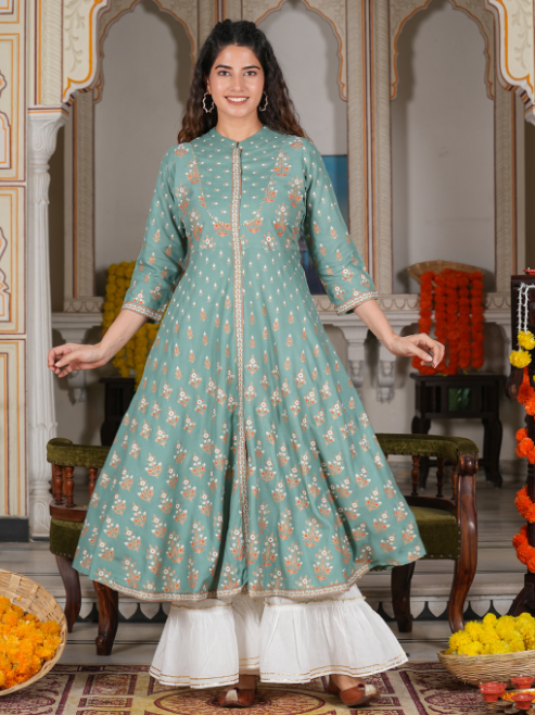 Rayon Floral Printed Anarkali Kurta (GREEN)