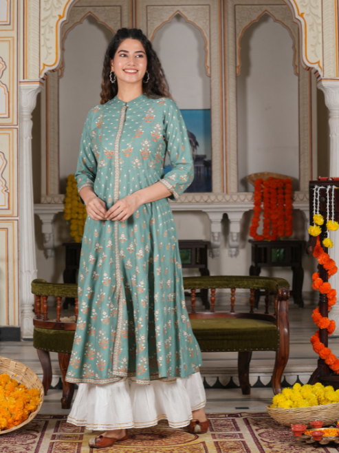 Rayon Floral Printed Anarkali Kurta (GREEN)