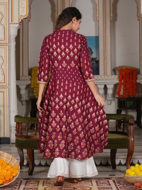 Rayon Floral Printed Anarkali Kurta (Maroon)