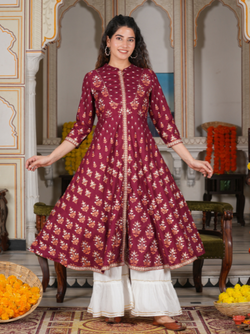 Rayon Floral Printed Anarkali Kurta (Maroon)