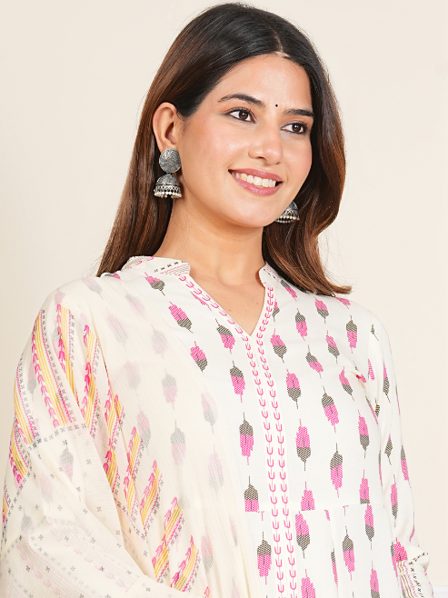 Rayon Ikat Printed Anarkali Kurta Mandarin Collar With DUPTTA