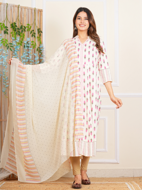 Rayon Ikat Printed Anarkali Kurta Mandarin Collar With DUPTTA