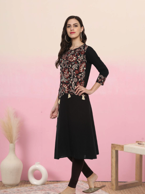 Festive & Party Floral Print  Kurti (Black)