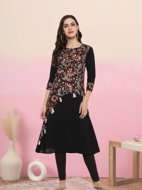 Festive & Party Floral Print  Kurti (Black)