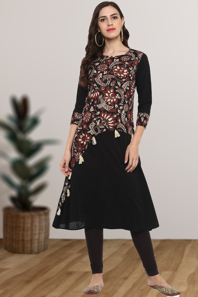 Festive & Party Floral Print  Kurti (Black)