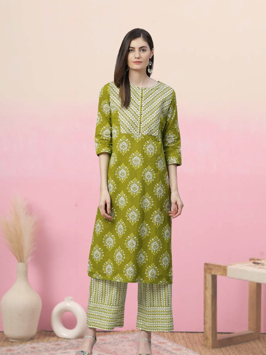 Cotton Floral Printed Straight Kurta with Palazzo (Green)