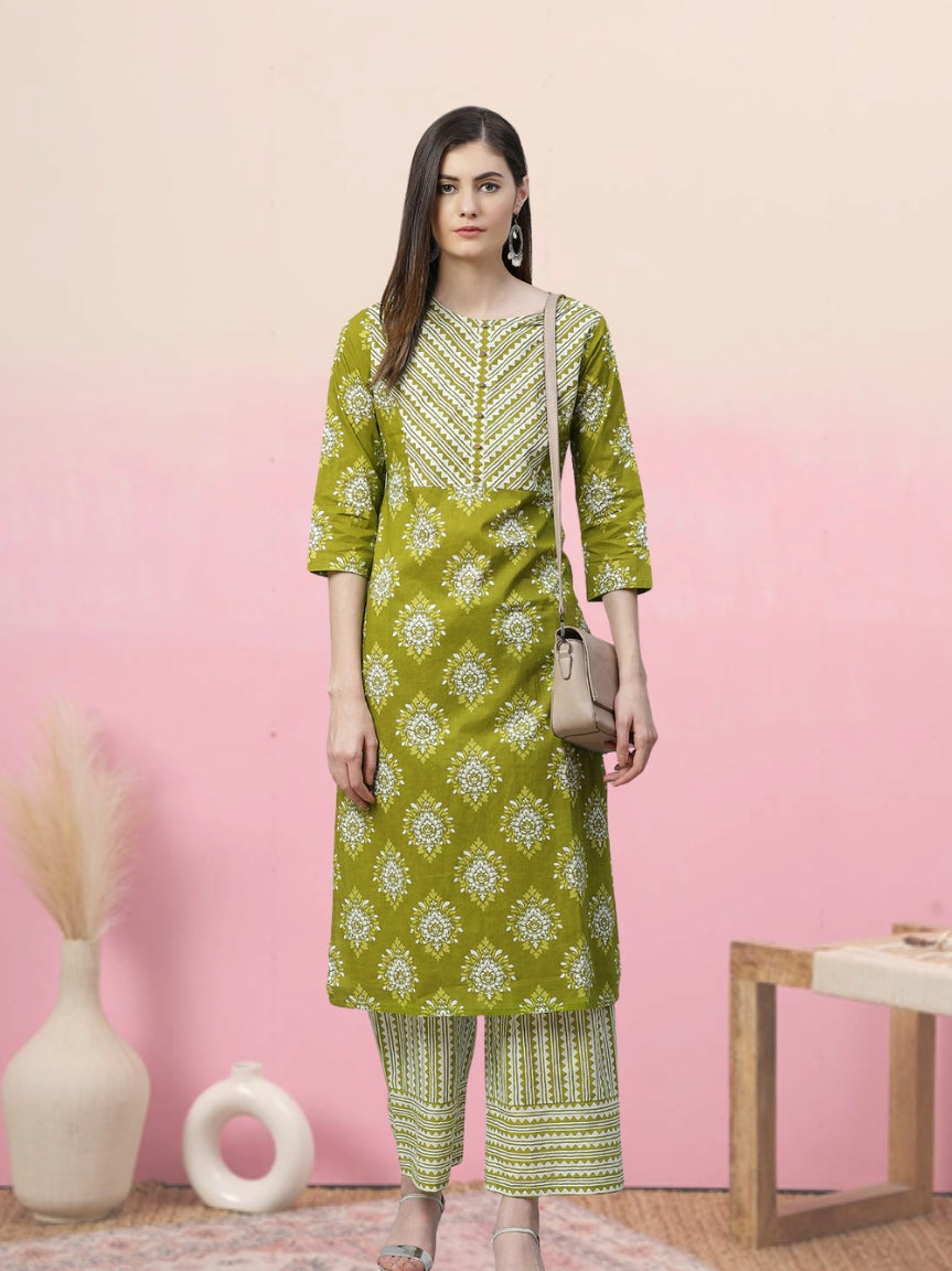 Cotton Floral Printed Straight Kurta with Palazzo (Green)