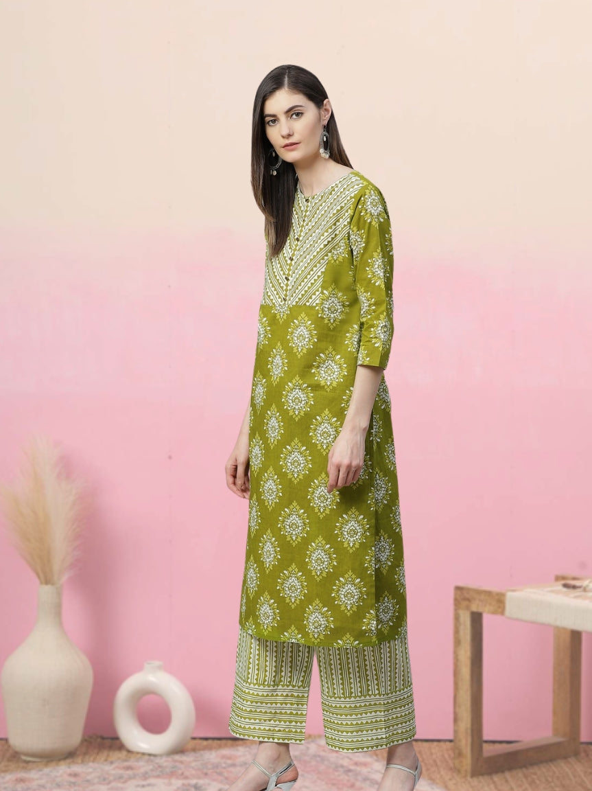 Cotton Floral Printed Straight Kurta with Palazzo (Green)