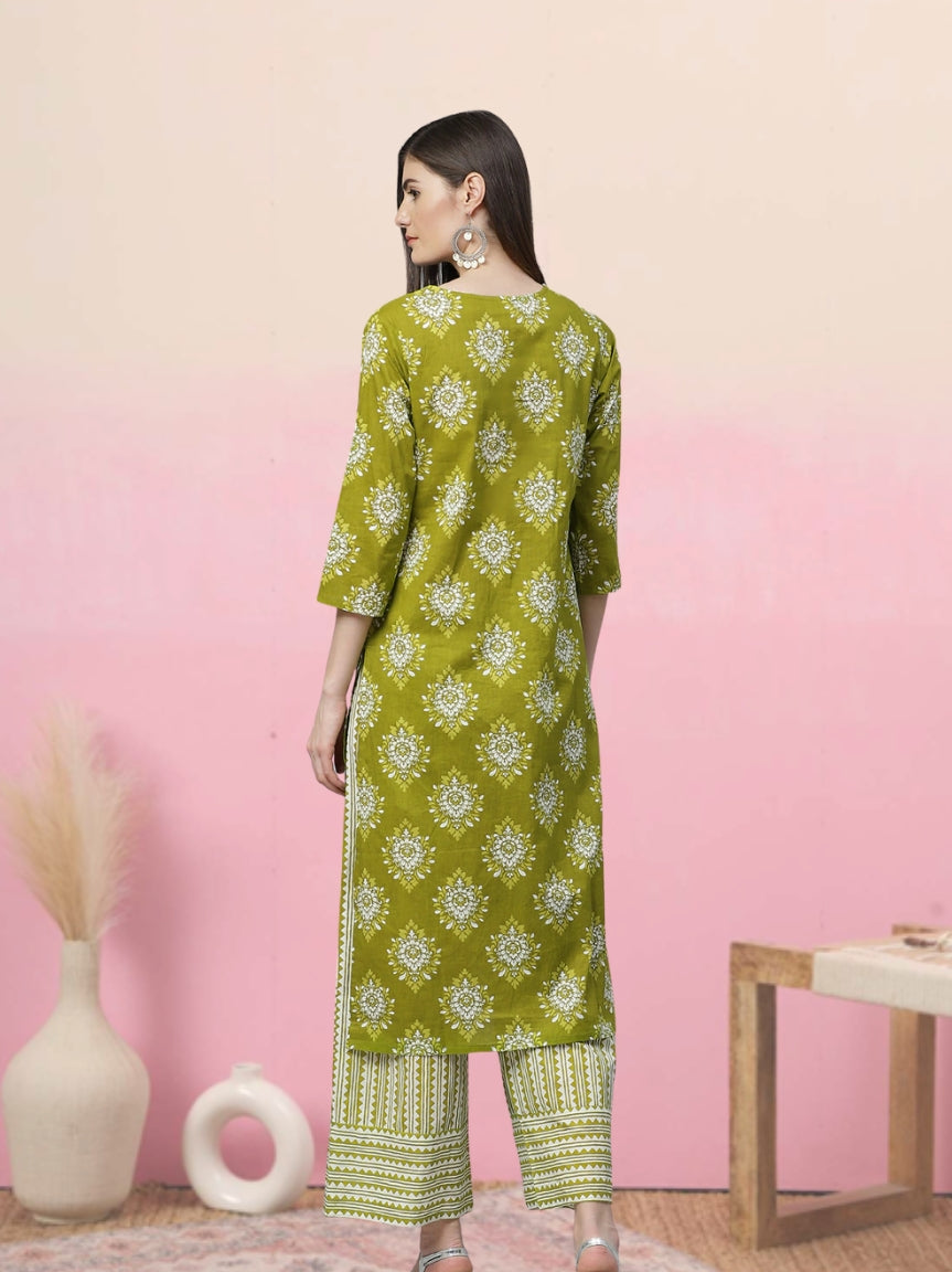 Cotton Floral Printed Straight Kurta with Palazzo (Green)