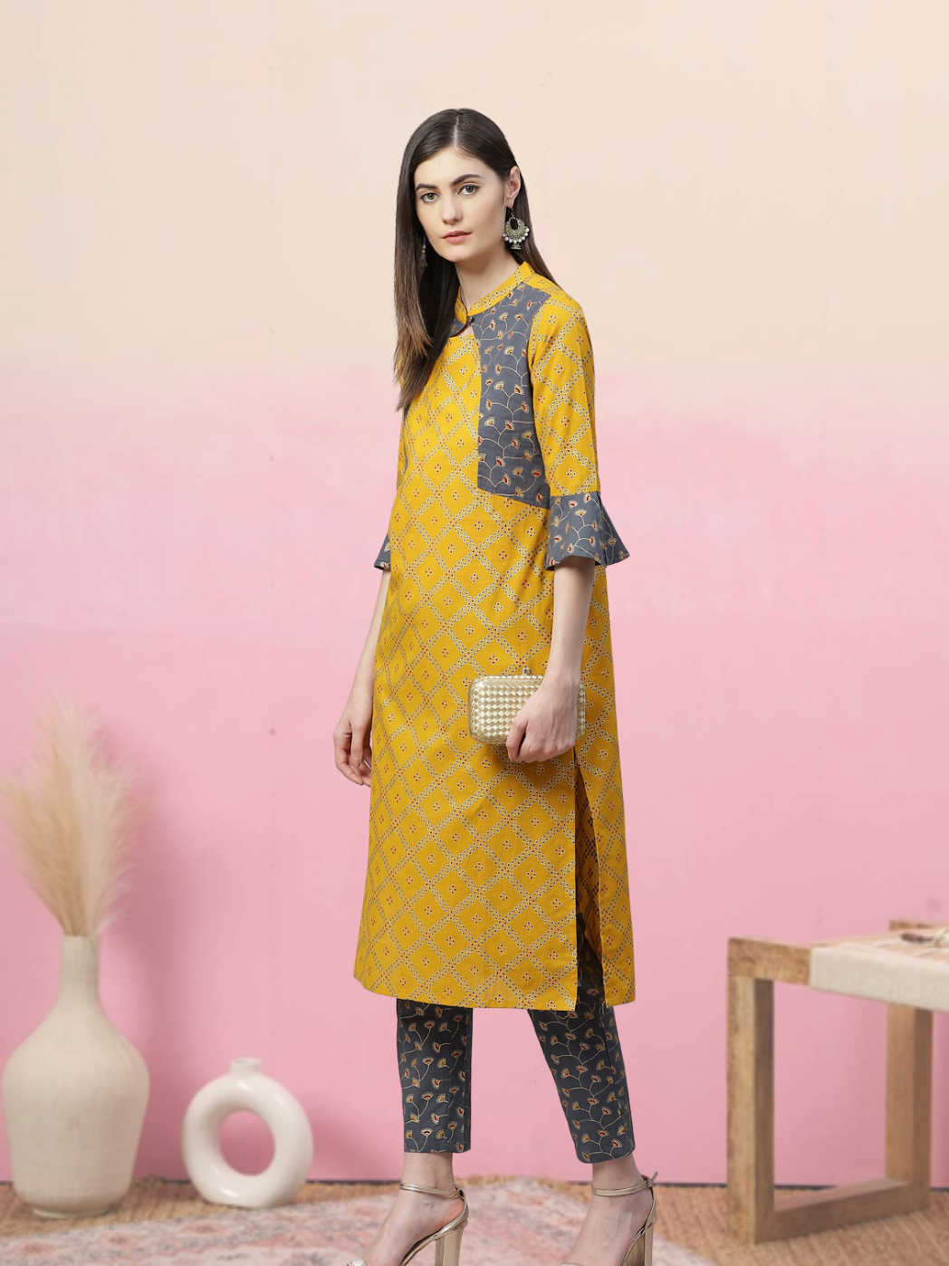 Cotton Geomatrical Printed Straight Kurta with Pant (Yellow & Grey)