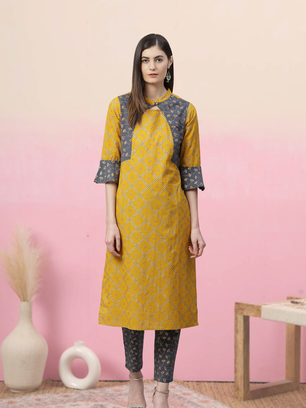 Cotton Geomatrical Printed Straight Kurta with Pant (Yellow & Grey)
