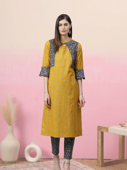 Cotton Geomatrical Printed Straight Kurta with Pant (Yellow & Grey)