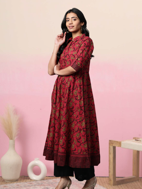 Cotton Floral Printed Anarkali Kurta (MAROON)