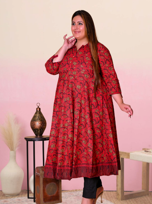 Cotton Floral Printed Anarkali Kurta (MAROON)