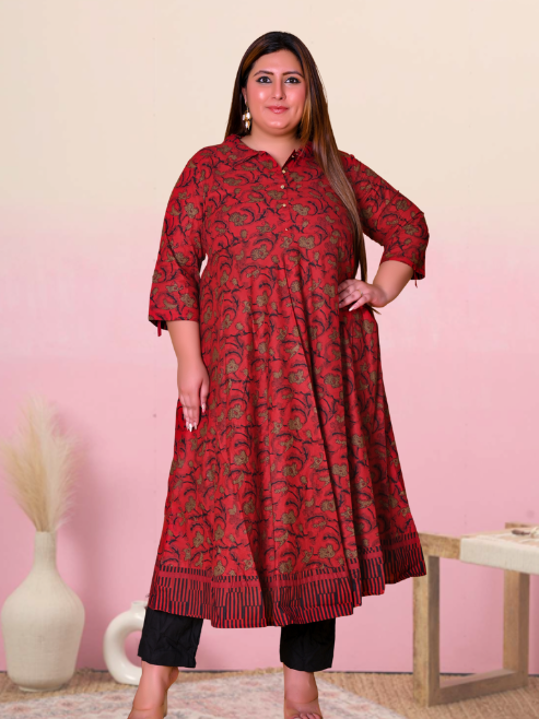 Cotton Floral Printed Anarkali Kurta (MAROON)