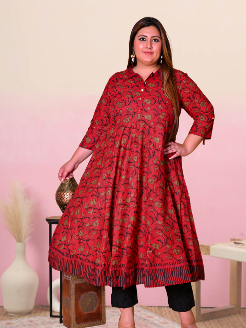 Cotton Floral Printed Anarkali Kurta (MAROON)