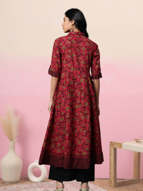 Cotton Floral Printed Anarkali Kurta (MAROON)