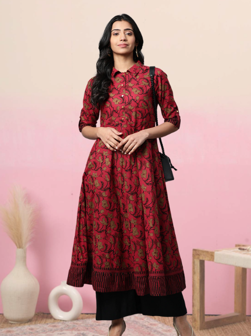 Cotton Floral Printed Anarkali Kurta (MAROON)