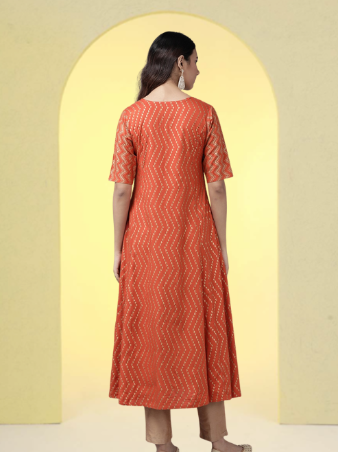 Rayon Zig-Zag Gold Print Anarkali Kurta (Orange)